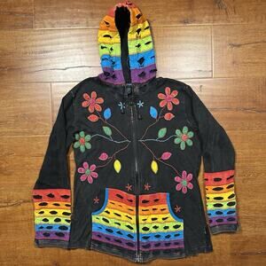 Agan Traders Boho Hoodie Sweater Womens XL Black Patch Floral Handmade in Napal